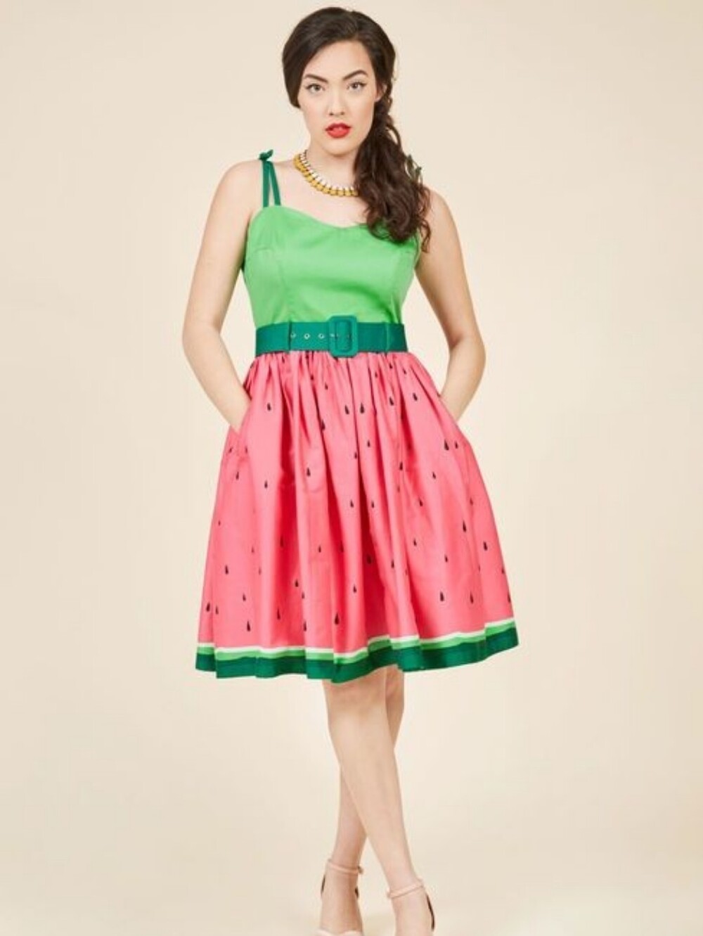 Collectif Green & Pink Watermelon-Inspired A-Line Dress